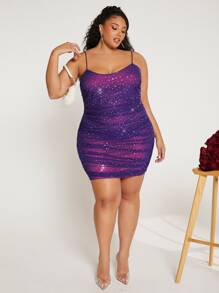 SHEIN CURVE+ Vestido ajustado de tirantes fruncido lateral brillante - Morado Violeta - Ver 3