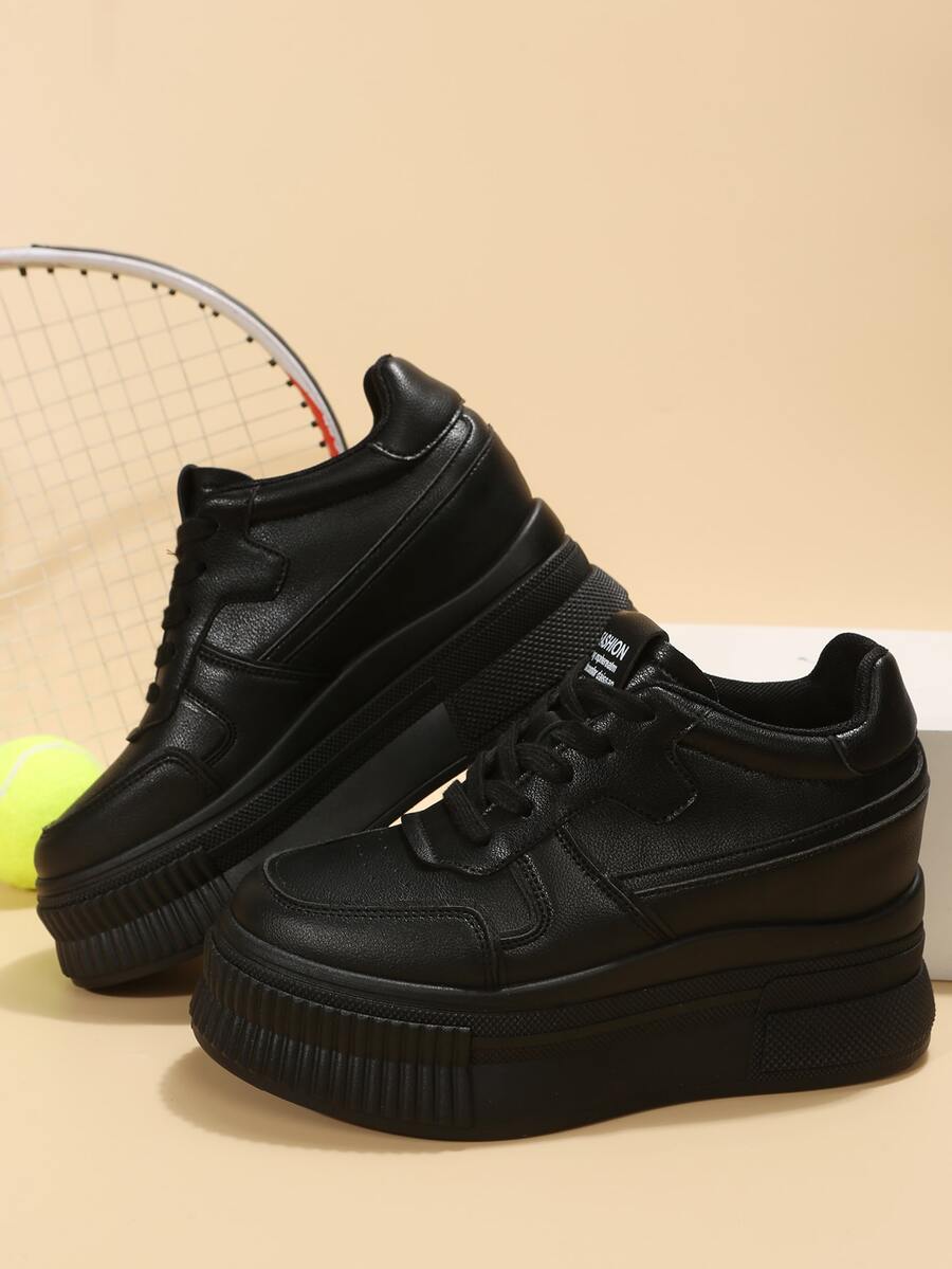 Letter Patch Decor Lace-up Front Wedge Sneakers - Black - View 1