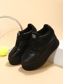 Letter Patch Decor Lace-up Front Wedge Sneakers - Black - View 2
