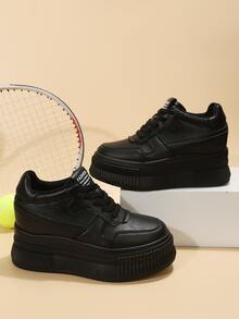 Letter Patch Decor Lace-up Front Wedge Sneakers - Black - View 3