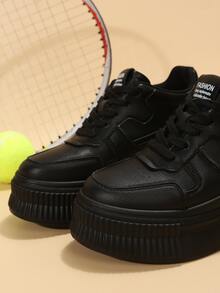 Letter Patch Decor Lace-up Front Wedge Sneakers - Black - View 4