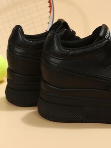 Letter Patch Decor Lace-up Front Wedge Sneakers - Black - View 5
