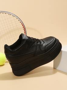 Letter Patch Decor Lace-up Front Wedge Sneakers - Black - View 6