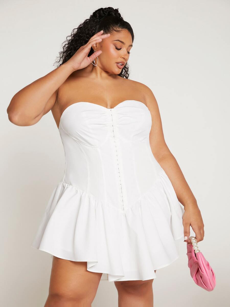 SHEIN CURVE+ Vestido tubo bajo con fruncido con corchete fruncido bustier - Blanco - Ver 1