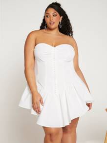 SHEIN CURVE+ Vestido tubo bajo con fruncido con corchete fruncido bustier - Blanco - Ver 3