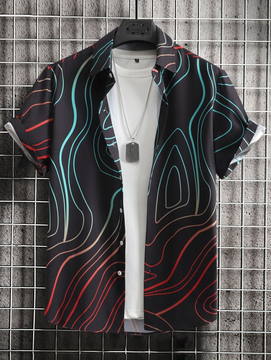 Manfinity 男士圖案印花襯衫不帶T恤 - 黑色 - 查看 1