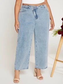 SHEIN CURVE+ Plus Stepped Waist Wide Leg Jeans - Light Wash - View 4