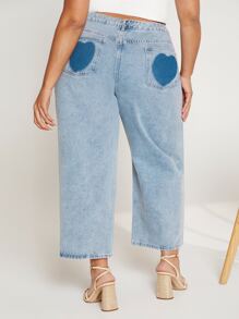 SHEIN CURVE+ Plus Stepped Waist Wide Leg Jeans - Light Wash - View 3