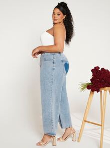 SHEIN CURVE+ Plus Stepped Waist Wide Leg Jeans - Light Wash - View 5