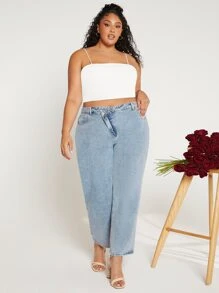 SHEIN CURVE+ Plus Stepped Waist Wide Leg Jeans - Light Wash - View 6