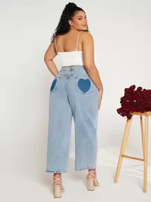 SHEIN CURVE+ Plus Stepped Waist Wide Leg Jeans - Light Wash - View 1