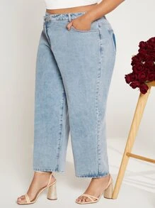 SHEIN CURVE+ Plus Stepped Waist Wide Leg Jeans - Light Wash - View 7