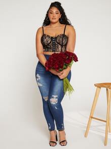 SHEIN CURVE+ Plus Hook And Eye Lace Cami Top - Multicolor - View 7