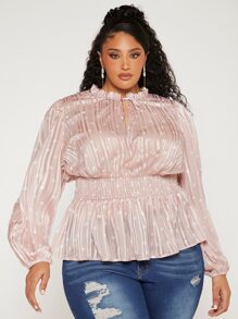 SHEIN CURVE+ Blusa peplum con estampado de rayas & de lunares ribete fruncido de manga farol - Rosa Pálido - Ver 1