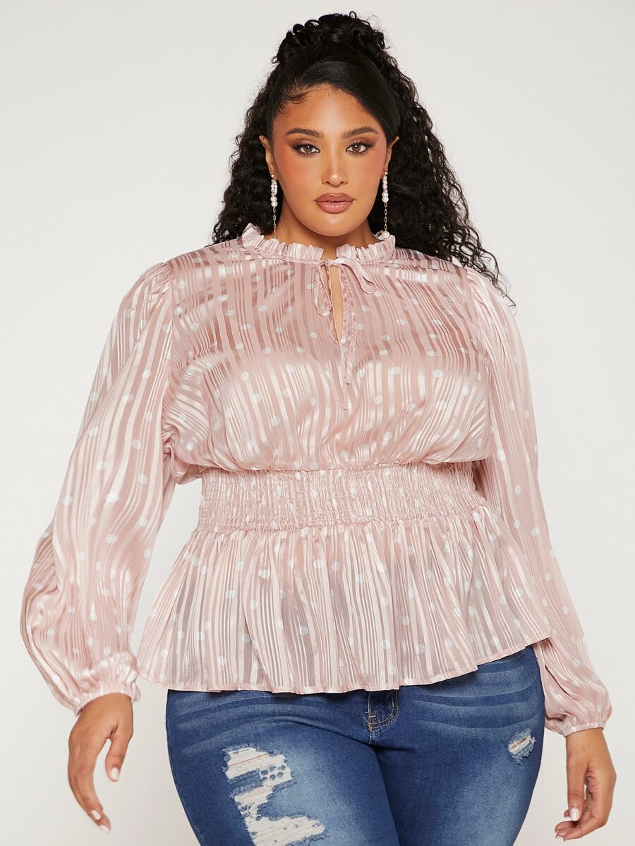SHEIN CURVE+ Blusa peplum con estampado de rayas & de lunares ribete fruncido de manga farol - Rosa Pálido - Ver 1