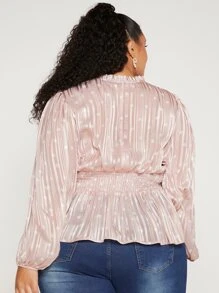 SHEIN CURVE+ Blusa peplum con estampado de rayas & de lunares ribete fruncido de manga farol - Rosa Pálido - Ver 2