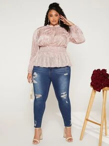 SHEIN CURVE+ Blusa peplum con estampado de rayas & de lunares ribete fruncido de manga farol - Rosa Pálido - Ver 4