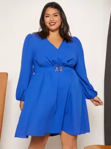 SHEIN CURVE+ Plus Lantern Sleeve Buckled Detail Wrap Hem Dress - Blue - View 8