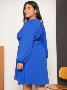 SHEIN CURVE+ Plus Lantern Sleeve Buckled Detail Wrap Hem Dress - Blue - View 2