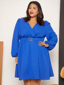 SHEIN CURVE+ Plus Lantern Sleeve Buckled Detail Wrap Hem Dress - Blue - View 3