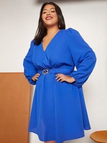 SHEIN CURVE+ Plus Lantern Sleeve Buckled Detail Wrap Hem Dress - Blue - View 5