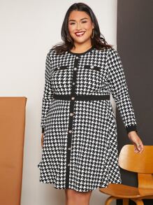 SHEIN CURVE+ Plus Houndstooth Print Button Front Dress - Black and White - View 8