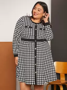 SHEIN CURVE+ Plus Houndstooth Print Button Front Dress - Black and White - View 5