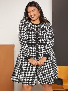 SHEIN CURVE+ Plus Houndstooth Print Button Front Dress - Black and White - View 6