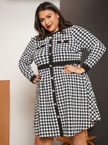 SHEIN CURVE+ Plus Houndstooth Print Button Front Dress - Black and White - View 7