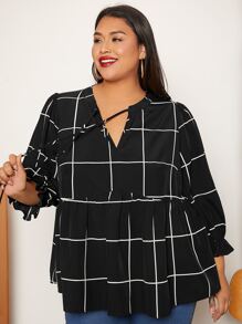 SHEIN CURVE+ Plus Grid Print Flounce Sleeve Blouse - Black - View 8
