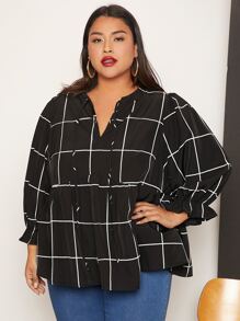 SHEIN CURVE+ Plus Grid Print Flounce Sleeve Blouse - Black - View 3