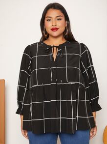 SHEIN CURVE+ Plus Grid Print Flounce Sleeve Blouse - Black - View 4