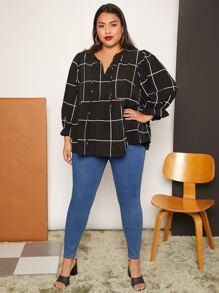 SHEIN CURVE+ Plus Grid Print Flounce Sleeve Blouse - Black - View 5