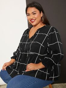SHEIN CURVE+ Plus Grid Print Flounce Sleeve Blouse - Black - View 6