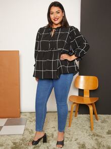 SHEIN CURVE+ Plus Grid Print Flounce Sleeve Blouse - Black - View 7