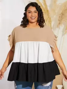 SHEIN CURVE+ Plus Colourblock Ruffle Trim Blouse - Khaki - View 1