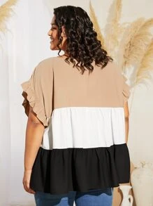 SHEIN CURVE+ Plus Colourblock Ruffle Trim Blouse - Khaki - View 2