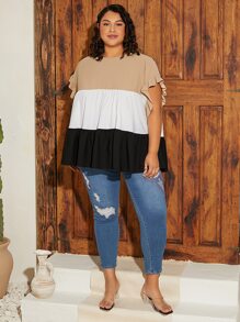 SHEIN CURVE+ Plus Colourblock Ruffle Trim Blouse - Khaki - View 6