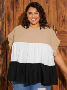 SHEIN CURVE+ Plus Colourblock Ruffle Trim Blouse - Khaki - View 7
