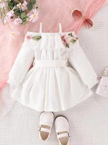 SHEIN 嬰兒花卉刺繡貼花挖肩繫腰帶連衣裙 - 白色 - 查看 2