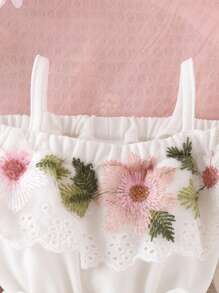 SHEIN 嬰兒花卉刺繡貼花挖肩繫腰帶連衣裙 - 白色 - 查看 3