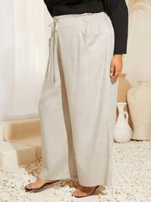 SHEIN CURVE+ Pantalones de pierna ancha de cintura con cordón - Beis - Ver 4
