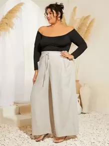 SHEIN CURVE+ Pantalones de pierna ancha de cintura con cordón - Beis - Ver 1