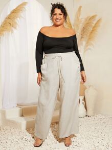 SHEIN CURVE+ Pantalones de pierna ancha de cintura con cordón - Beis - Ver 5