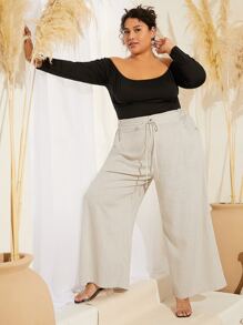 SHEIN CURVE+ Pantalones de pierna ancha de cintura con cordón - Beis - Ver 6