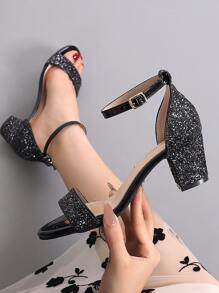 Women Sequin Decor Chunky Heeled Ankle Strap Sandals, Glamorous Banquet Heeled Sandals - Black - View 1
