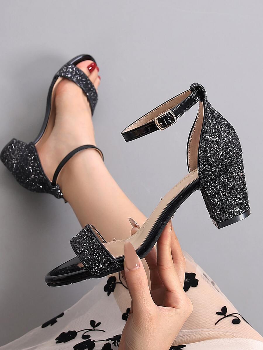 Women Sequin Decor Chunky Heeled Ankle Strap Sandals, Glamorous Banquet Heeled Sandals - Black - View 1