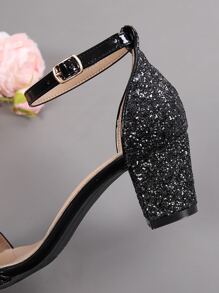 Women Sequin Decor Chunky Heeled Ankle Strap Sandals, Glamorous Banquet Heeled Sandals - Black - View 2