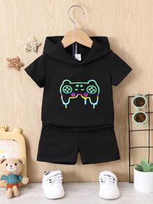 Baby Boy Gamepad Print Hooded Tee & Shorts - Black - View 1