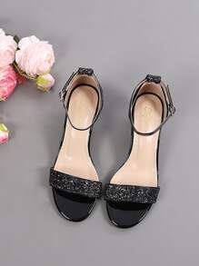 Women Sequin Decor Chunky Heeled Ankle Strap Sandals, Glamorous Banquet Heeled Sandals - Black - View 3